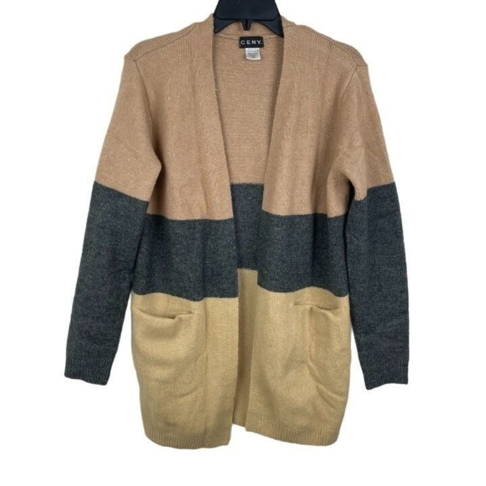Ceny Cardigan Sweater Colorblock Womens Medium Tan Grey Open Front Pocket